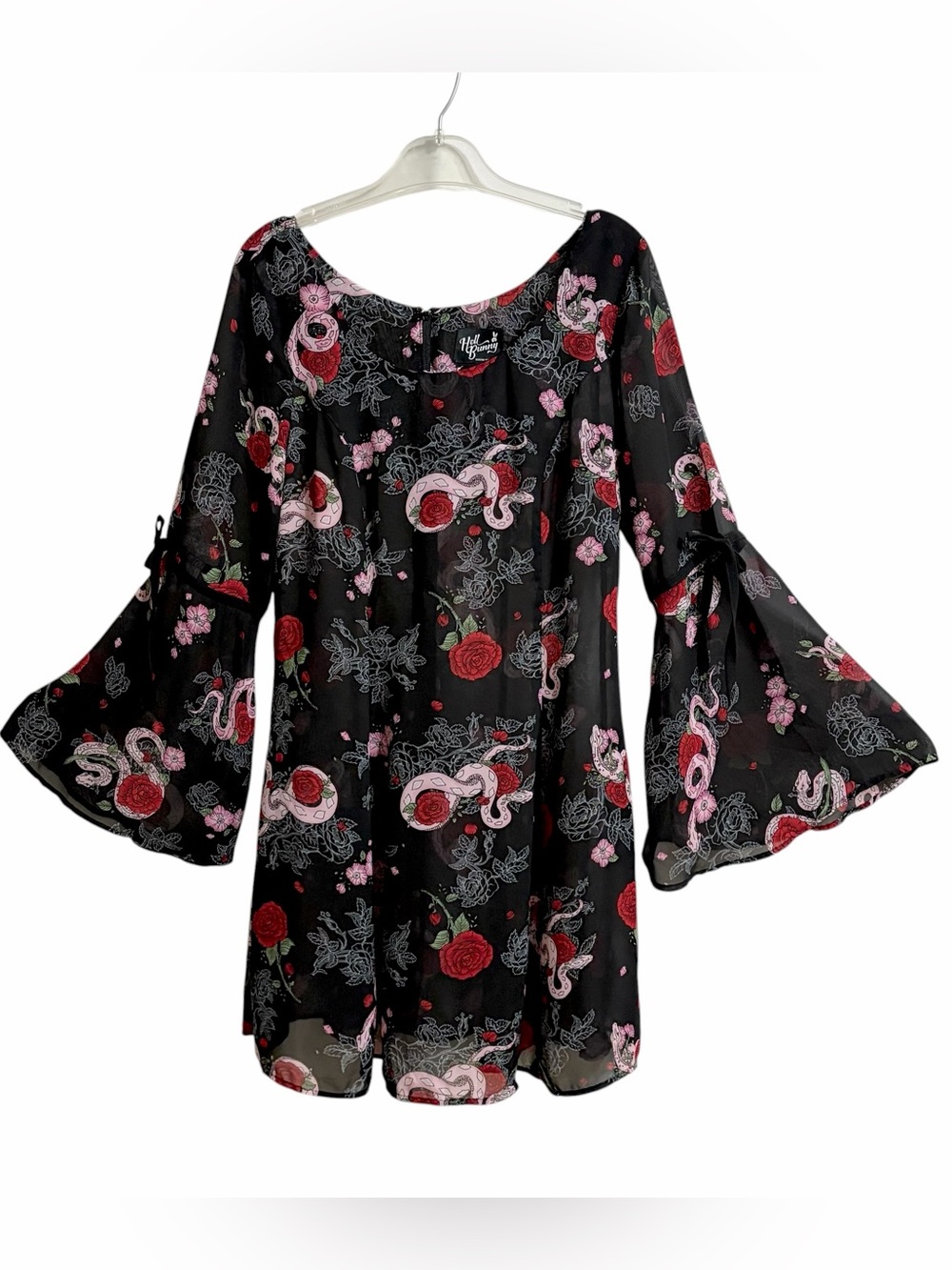 Hell Bunny Pink Viper Flare Sleeve Witchy Mini Dress M NWT Whimsigoth Sheer Bows